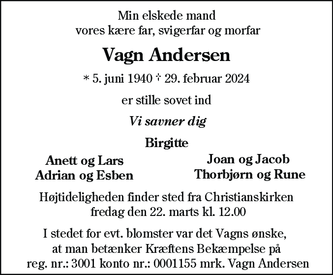 Dødsannonce for Vagn Andersen