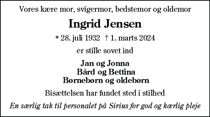 Dødsannonce for Ingrid Jensen