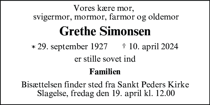 Dødsannonce for Grethe Simonsen