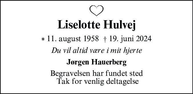 Dødsannonce for Liselotte Hulvej