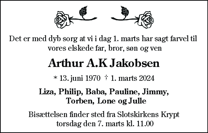 Dødsannonce for Artur Aleksander Jakobsen