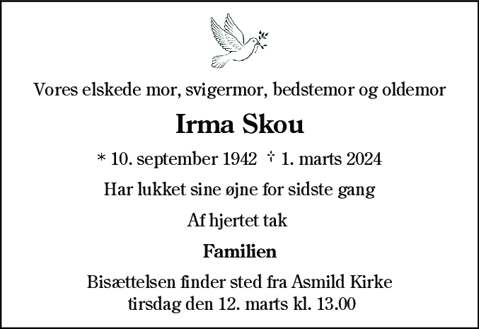 Dødsannonce for Irma Skou