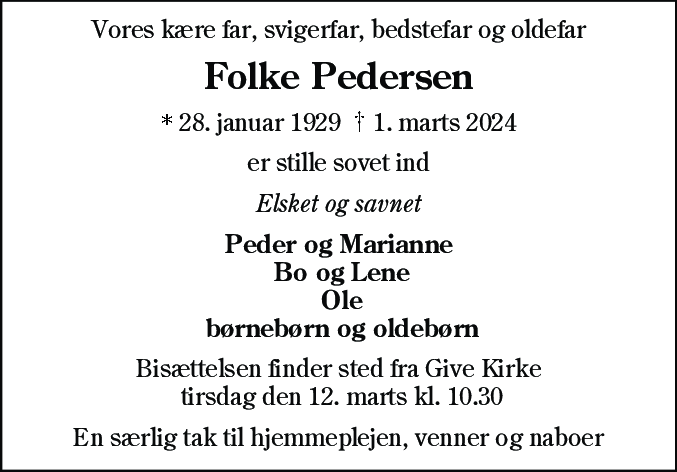 Dødsannonce for Folke Pedersen