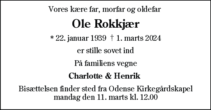 Dødsannonce for Ole Rokkjær