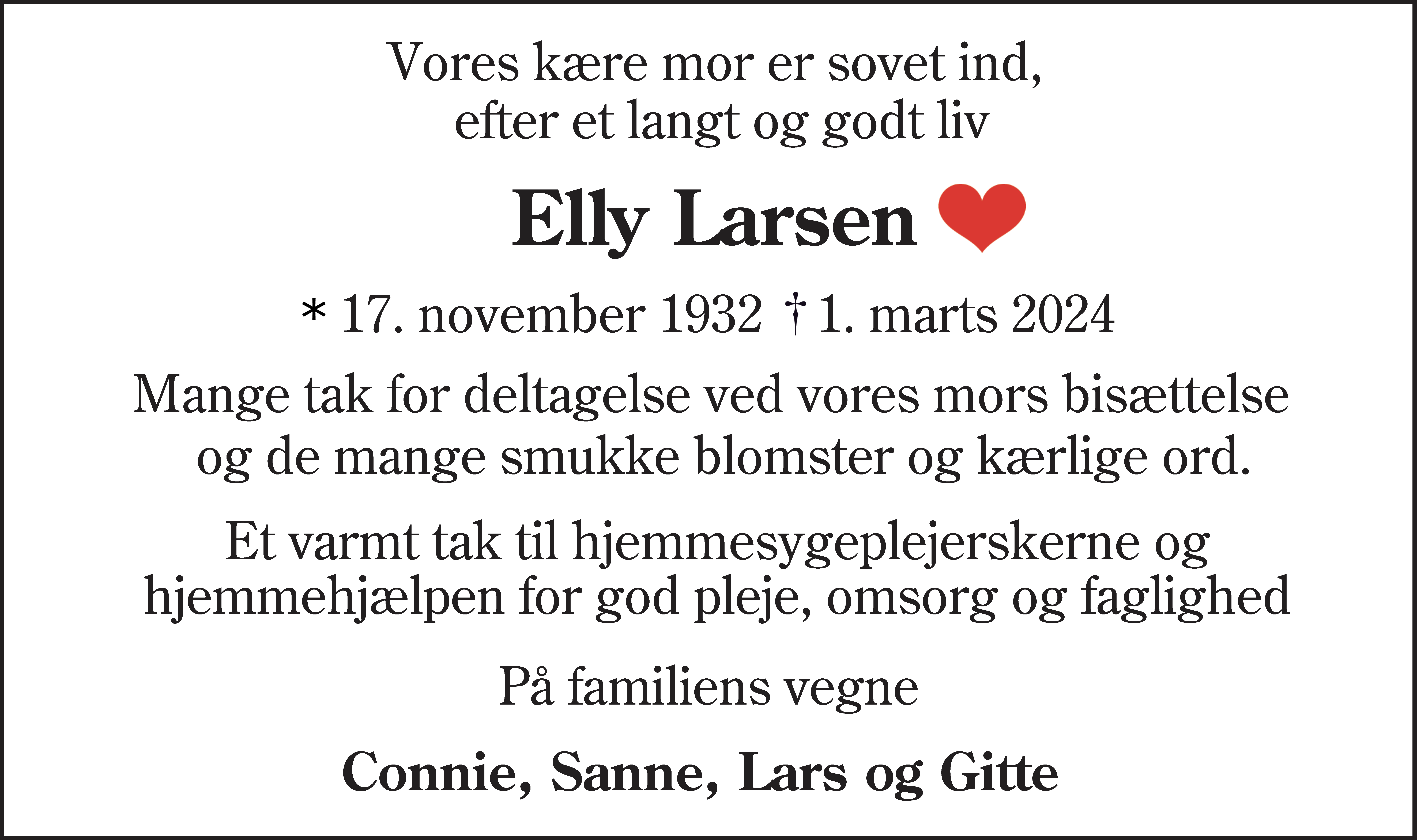Dødsannonce for Elly Nielsen Larsen