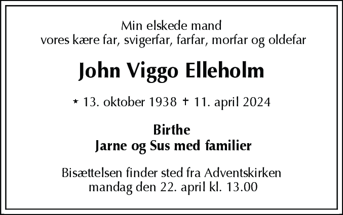 Dødsannonce for John Viggo Elleholm