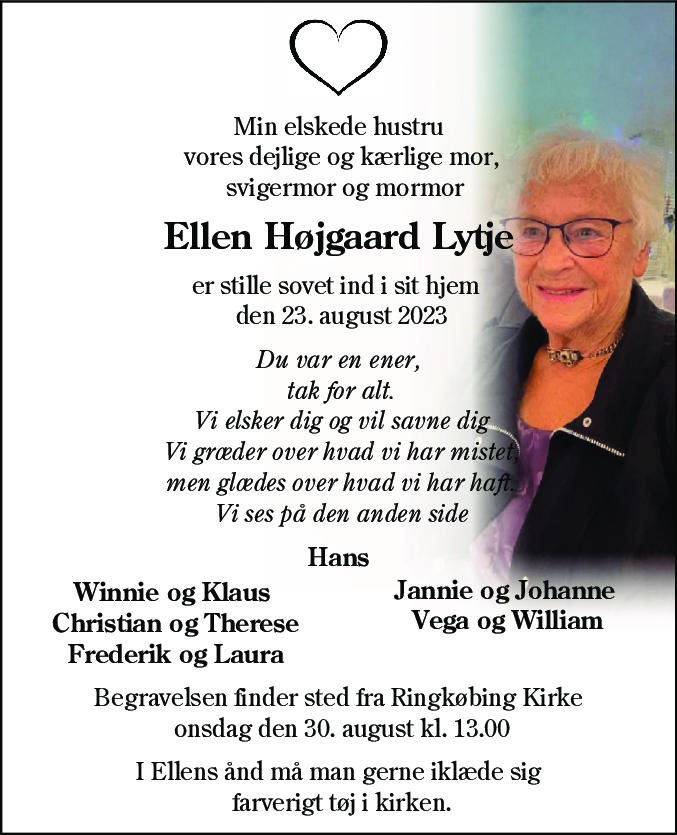 Dødsannonce for Ellen Højgaard Lytje