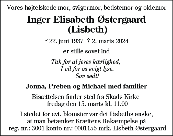 Dødsannonce for Inger Elisabeth Østergaard