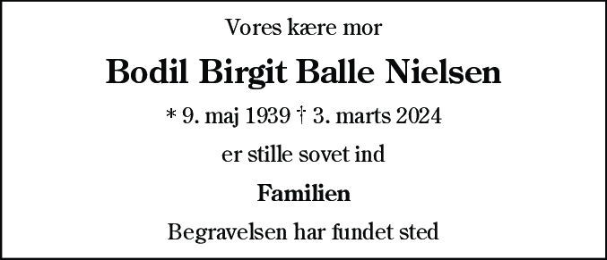 Dødsannonce for Bodil Birgit Balle Nielsen
