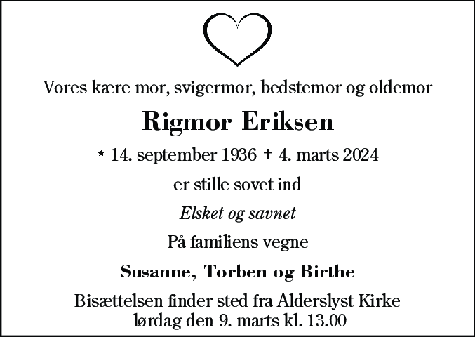 Dødsannonce for Rigmor Eriksen