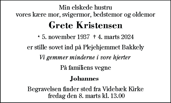 Dødsannonce for Grete Kristensen