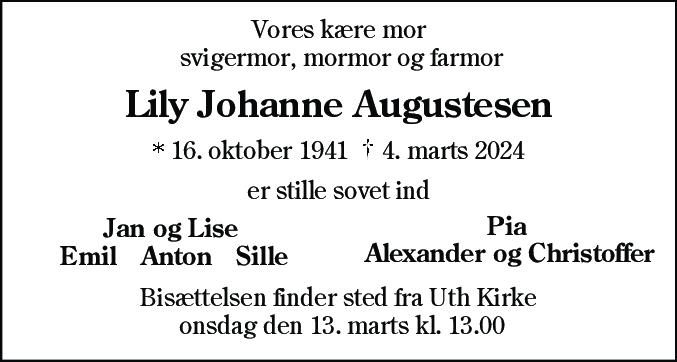 Dødsannonce for Lily Johanne Augustesen