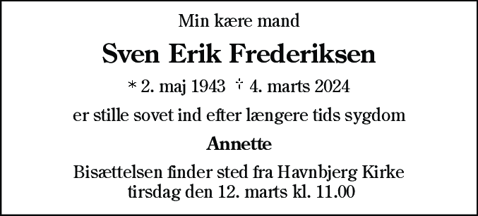 Dødsannonce for Sven Erik Frederiksen