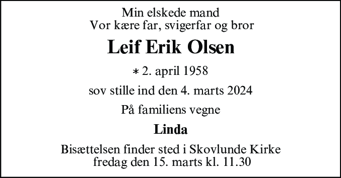 Dødsannonce for Leif Erik Olsen