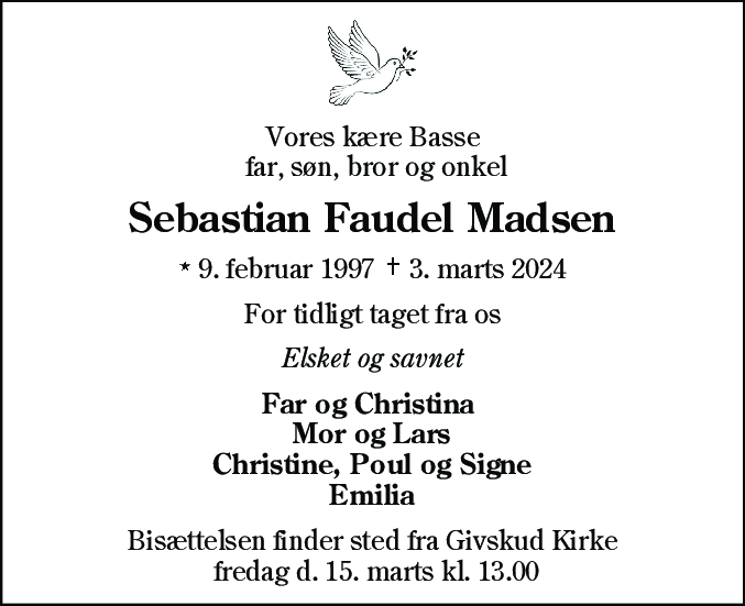 Dødsannonce for Sebastian Faudel Madsen