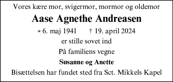 Dødsannonce for Aase Agnethe Andreasen