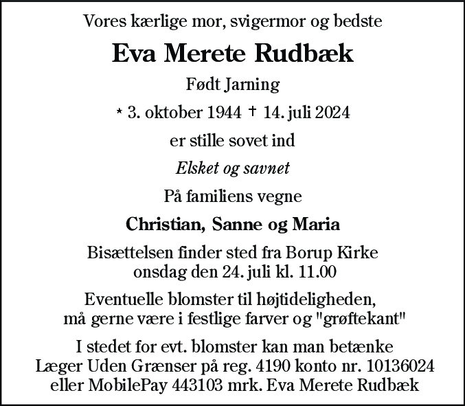 Dødsannonce for Eva Merete Rudbæk