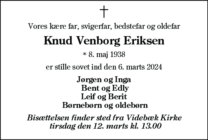 Dødsannonce for Knud Venborg Eriksen