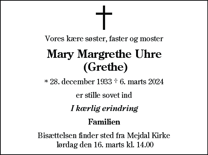 Dødsannonce for Mary Margrethe Uhre
