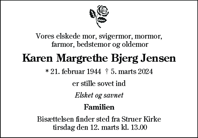 Dødsannonce for Karen Margrethe Bjerg Jensen