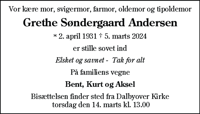 Dødsannonce for Grethe Søndergaard Andersen