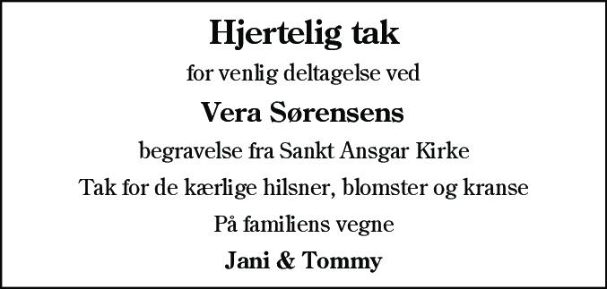 Dødsannonce for Vera Sørensen