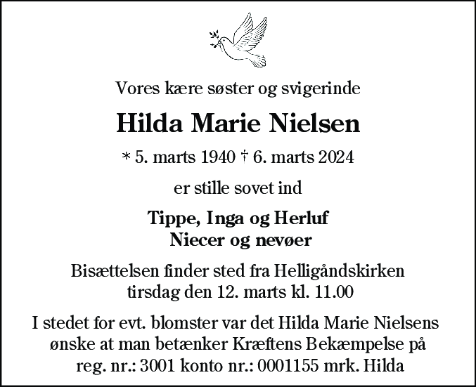 Dødsannonce for Hilda Marie Nielsen