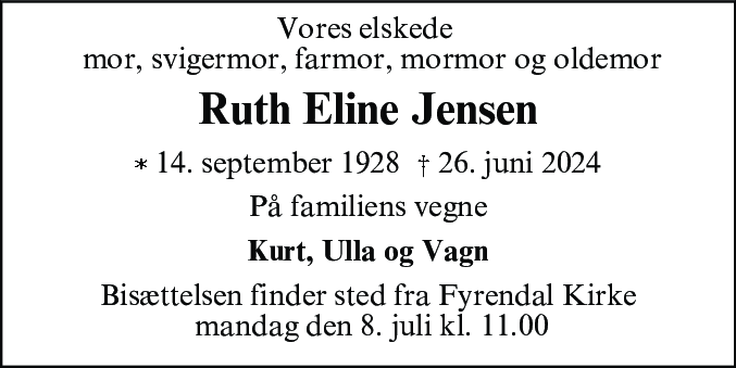 Dødsannonce for Ruth Eline Jensen