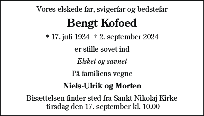 Dødsannonce for Bengt Kofoed
