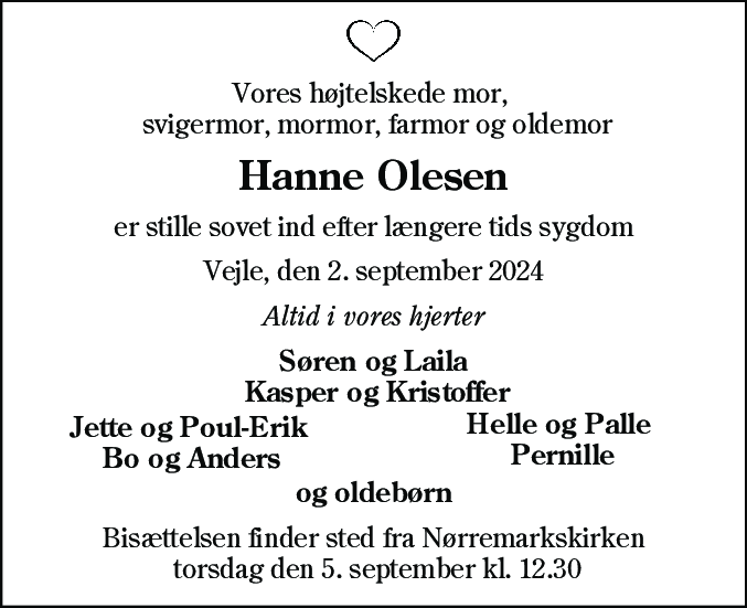 Dødsannonce for Hanne Olesen