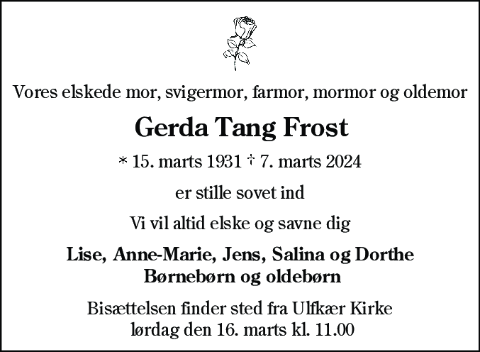Dødsannonce for Gerda Tang Frost