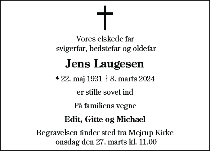 Dødsannonce for Jens Laugesen