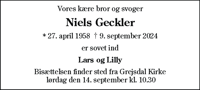 Dødsannonce for Niels Geckler