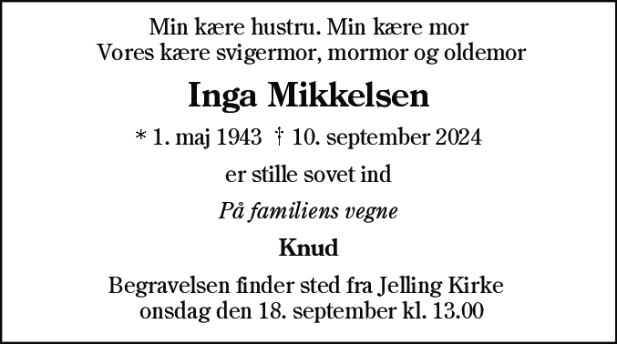 Dødsannonce for Inga Kirstine Mikkelsen