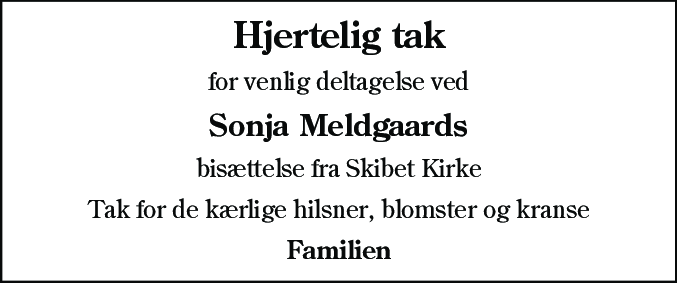 Dødsannonce for Sonja Meldgaard