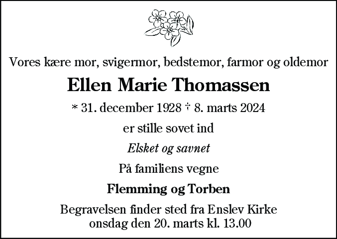Dødsannonce for Ellen Marie Thomassen