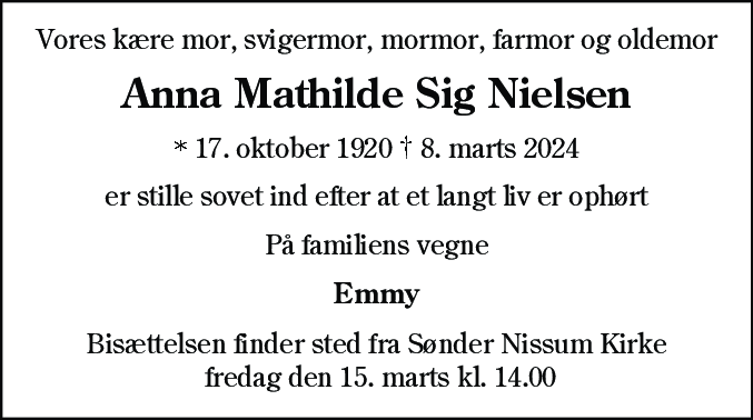 Dødsannonce for Anna Mathilde Sig Nielsen