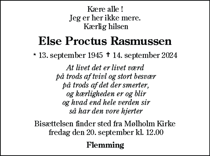 Dødsannonce for Else Proctus Rasmussen