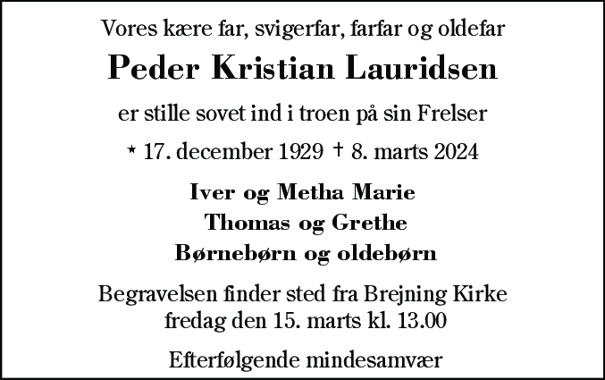 Dødsannonce for Peder Kristian Lauridsen