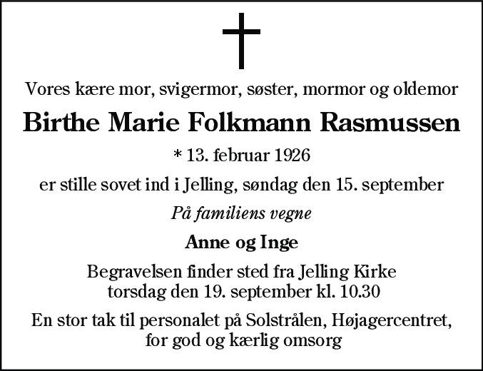 Dødsannonce for Birthe Marie Folkmann Rasmussen