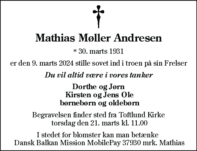Dødsannonce for Mathias Møller Andresen