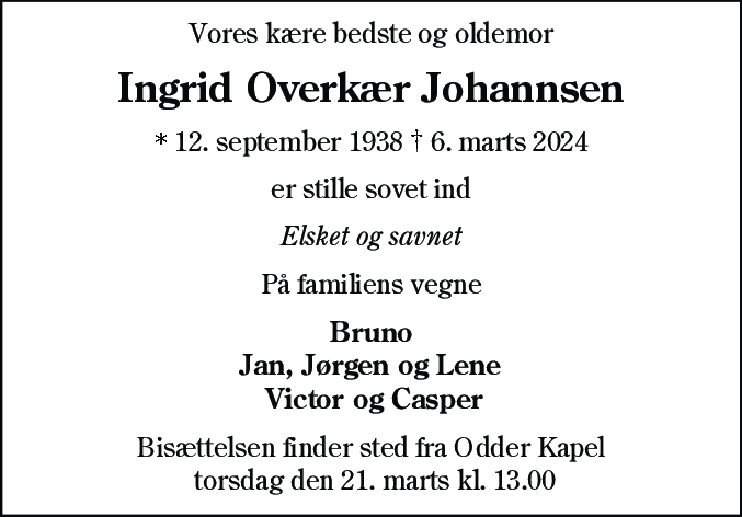 Dødsannonce for Ingrid Overkær Johannsen