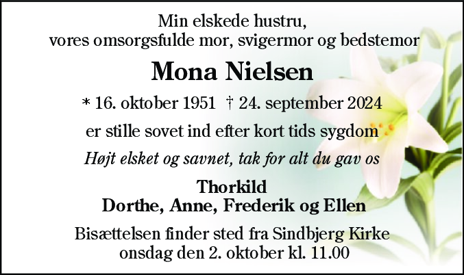 Dødsannonce for Mona Nielsen