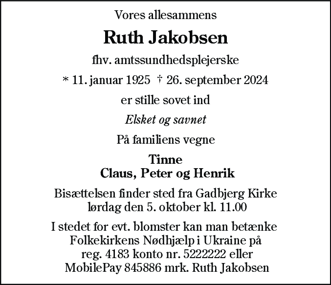Dødsannonce for Ruth Jacobsen