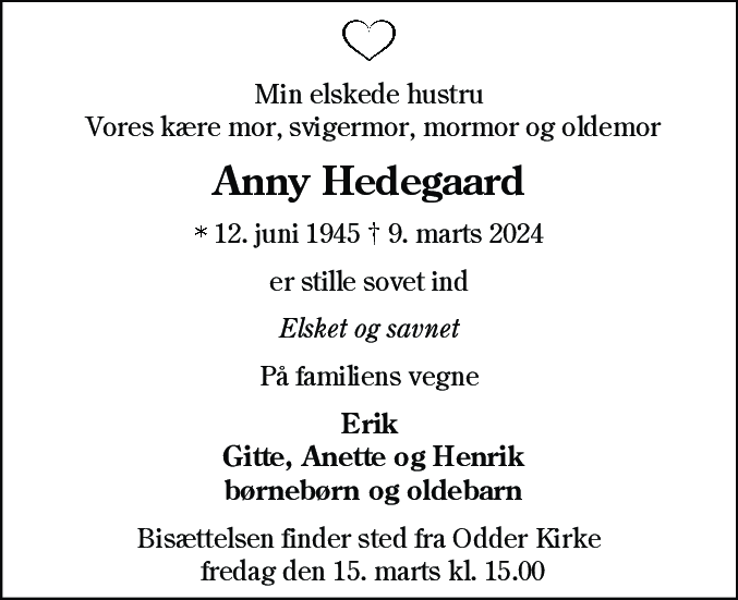 Dødsannonce for Anny Lisbeth Kragballe Hedegaard