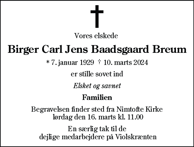 Dødsannonce for Birger Carl Jens Baadsgaard Breum