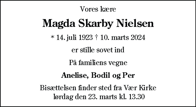 Dødsannonce for Magda Skarby Nielsen