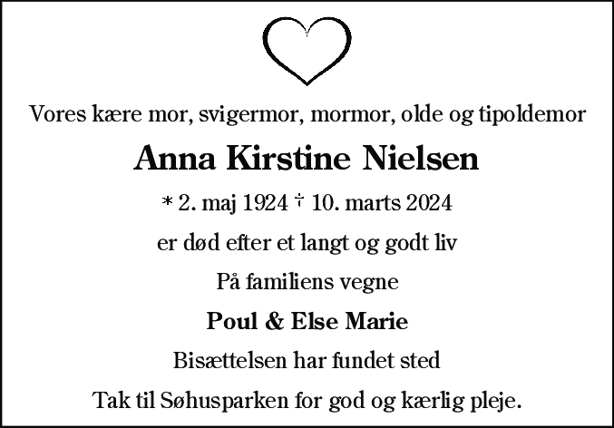 Dødsannonce for Anna Kirstine Nielsen