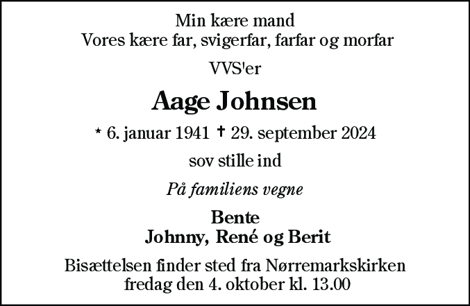 Dødsannonce for Aage Johnsen