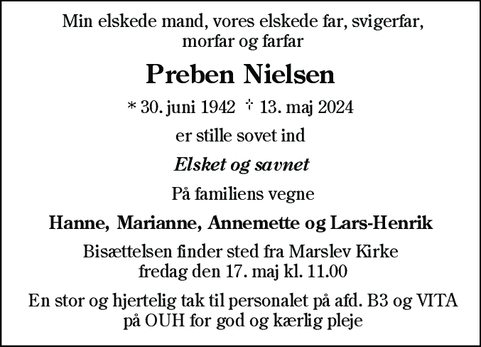 Dødsannonce for Preben Nielsen